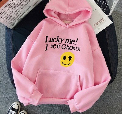 Kanye West Sieviešu kapuces Lucky Me I See Ghosts Print Fleece Sieviešu ikdienas džemperis Unisex ielas apģērbs Harajuku vīriešu kapuci drēbes