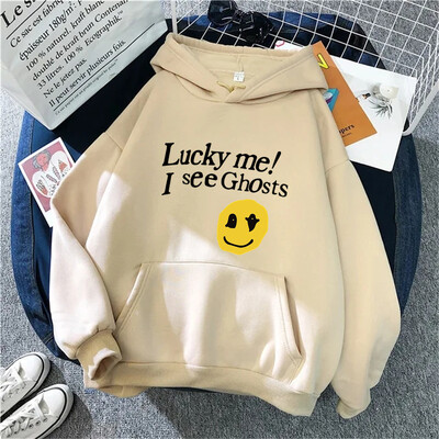 Kanye West Sieviešu kapuces Lucky Me I See Ghosts Print Fleece Sieviešu ikdienas džemperis Unisex ielas apģērbs Harajuku vīriešu kapuci drēbes