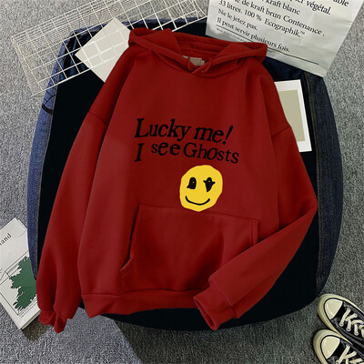 Kanye West Sieviešu kapuces Lucky Me I See Ghosts Print Fleece Sieviešu ikdienas džemperis Unisex ielas apģērbs Harajuku vīriešu kapuci drēbes