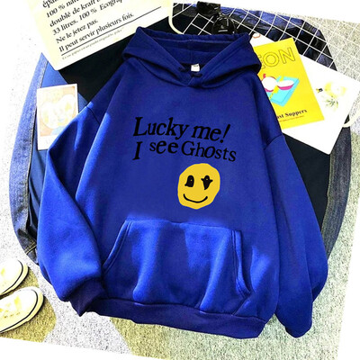 Kanye West Sieviešu kapuces Lucky Me I See Ghosts Print Fleece Sieviešu ikdienas džemperis Unisex ielas apģērbs Harajuku vīriešu kapuci drēbes