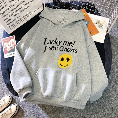 Kanye West Sieviešu kapuces Lucky Me I See Ghosts Print Fleece Sieviešu ikdienas džemperis Unisex ielas apģērbs Harajuku vīriešu kapuci drēbes