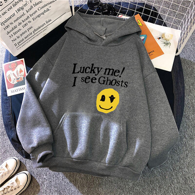 Kanye West Sieviešu kapuces Lucky Me I See Ghosts Print Fleece Sieviešu ikdienas džemperis Unisex ielas apģērbs Harajuku vīriešu kapuci drēbes
