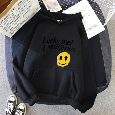 Kanye West Sieviešu kapuces Lucky Me I See Ghosts Print Fleece Sieviešu ikdienas džemperis Unisex ielas apģērbs Harajuku vīriešu kapuci drēbes