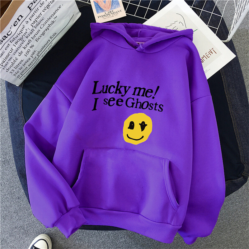 Kanye West Sieviešu kapuces Lucky Me I See Ghosts Print Fleece Sieviešu ikdienas džemperis Unisex ielas apģērbs Harajuku vīriešu kapuci drēbes