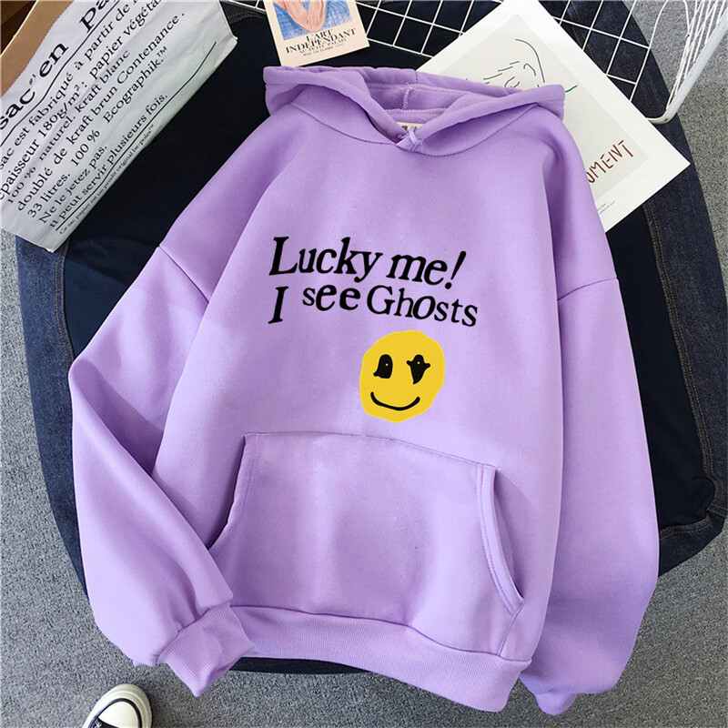 Kanye West Sieviešu kapuces Lucky Me I See Ghosts Print Fleece Sieviešu ikdienas džemperis Unisex ielas apģērbs Harajuku vīriešu kapuci drēbes
