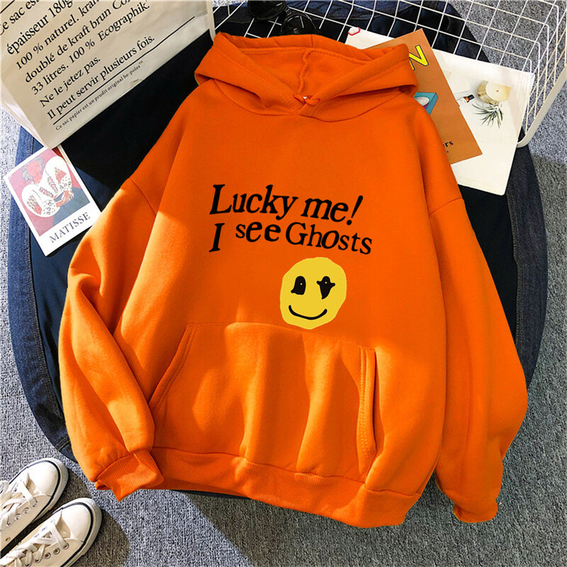 Kanye West Sieviešu kapuces Lucky Me I See Ghosts Print Fleece Sieviešu ikdienas džemperis Unisex ielas apģērbs Harajuku vīriešu kapuci drēbes