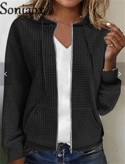 Moda mic carouri jacquard țesătură fermoar cardigan cu glugă hanorac femei toamnă iarnă buzunare duble hanorac îmbrăcăminte exterioară pentru femei