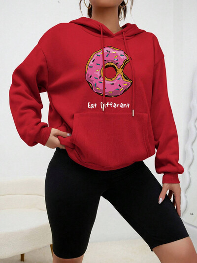 Hoody s kapuljačom s printom Eat Different Cartoon Donuts Ženska majica s kapuljačom u hip-hop stilu Flis Topla majica s kapuljačom Jesenska udobna odjeća