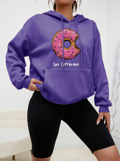 Hoody s kapuljačom s printom Eat Different Cartoon Donuts Ženska majica s kapuljačom u hip-hop stilu Flis Topla majica s kapuljačom Jesenska udobna odjeća