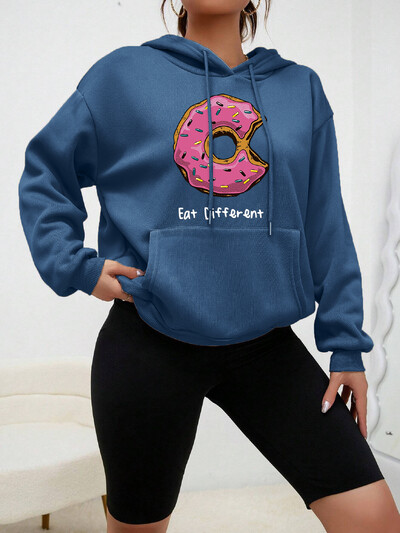 Hoody s kapuljačom s printom Eat Different Cartoon Donuts Ženska majica s kapuljačom u hip-hop stilu Flis Topla majica s kapuljačom Jesenska udobna odjeća