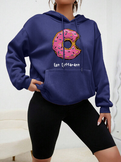 Hoody s kapuljačom s printom Eat Different Cartoon Donuts Ženska majica s kapuljačom u hip-hop stilu Flis Topla majica s kapuljačom Jesenska udobna odjeća