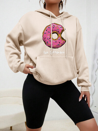 Hoody s kapuljačom s printom Eat Different Cartoon Donuts Ženska majica s kapuljačom u hip-hop stilu Flis Topla majica s kapuljačom Jesenska udobna odjeća