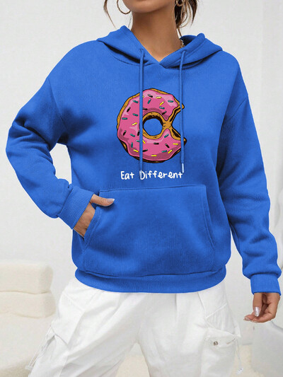 Hoody s kapuljačom s printom Eat Different Cartoon Donuts Ženska majica s kapuljačom u hip-hop stilu Flis Topla majica s kapuljačom Jesenska udobna odjeća