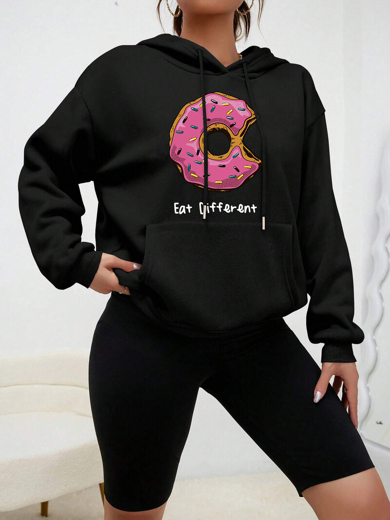Hoody s kapuljačom s printom Eat Different Cartoon Donuts Ženska majica s kapuljačom u hip-hop stilu Flis Topla majica s kapuljačom Jesenska udobna odjeća