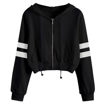 Harajuku Stripe Colour Block Cropped Hoodies Момичета тийнейджърки Дамски есенни суичъри с цип, якета с качулка с джоб Moletom