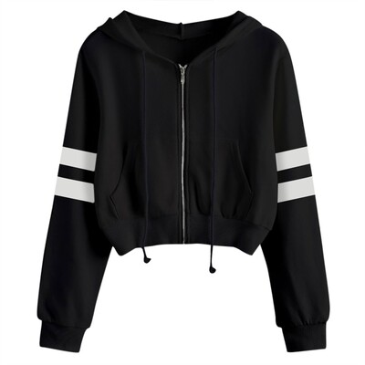 Harajuku Stripe Värviplokk Kärbitud kapuutsid Teismelised Tüdrukud Naiste Sügis Zip Up Kärbitud Topid Pusad Tasku kapuutsiga jakid Moletom