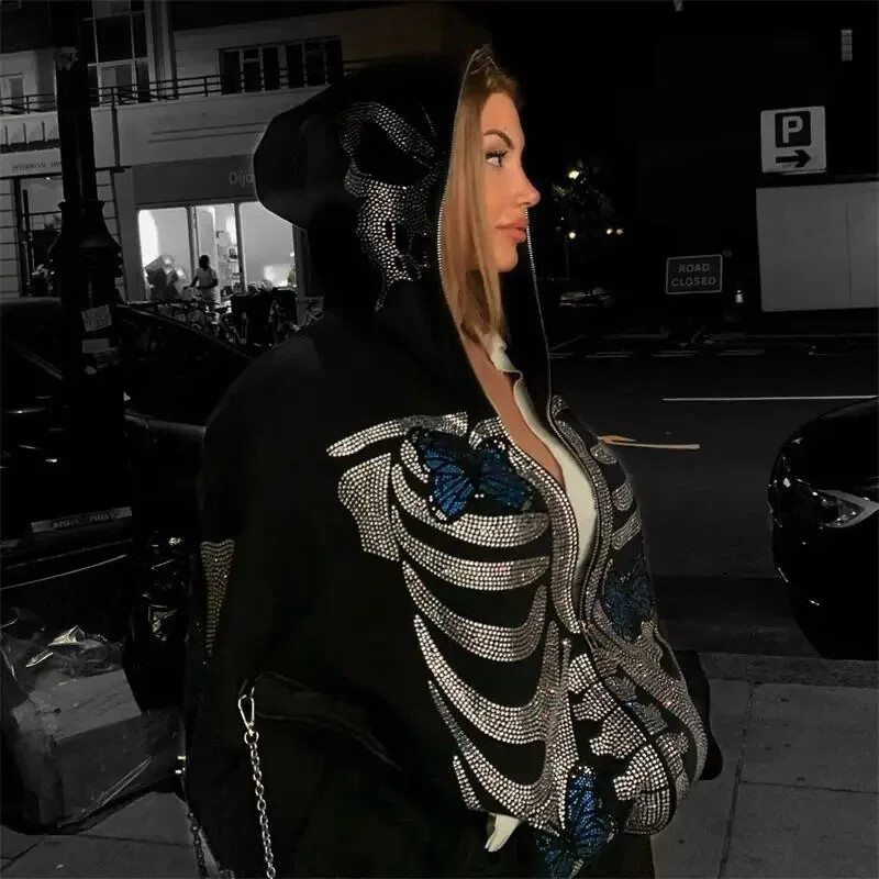 Y2K vīriešu pavasara un rudens gotikas stila kalnu džemperis džemperis, kapucis Helovīna galvaskausa apģērbs Hip Hop Grunge liels džemperis ﻿