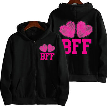 BFF with Cute Pink Hearts Best Friends Forever Суичъри с цип Суичъри с дълъг ръкав Дамски суичъри с цип Черна риза с качулка