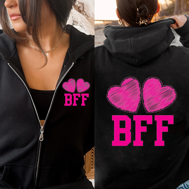 BFF ar mīļām rozā sirsniņām labākie draugi uz visiem laikiem ar rāvējslēdzēja augšpusi Hoodies Džemperi ar garām piedurknēm Sieviešu kapuces ar rāvējslēdzēju Melns krekls ar kapuci