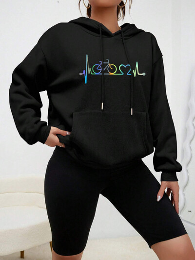 Mountain Bike Heartbeat Biking Print Hoody For Women Sport Pocket Clothing Сладко многоцветно улично облекло Есенни модни качулки
