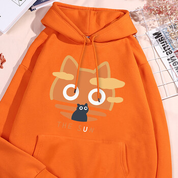 The Sun Orange Cat Fun Hoody Женски моден поларен суичър Ежедневен S-XXL Есенно голямо облекло с качулка