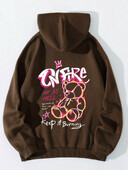 Labava ženska majica s kapuljačom s printom i dugim rukavima plus samtasti gornji dio s klokanovim džepovima, ležerni sportski pulover