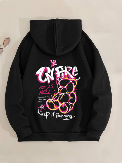 Labava ženska majica s kapuljačom s printom i dugim rukavima plus samtasti gornji dio s klokanovim džepovima, ležerni sportski pulover