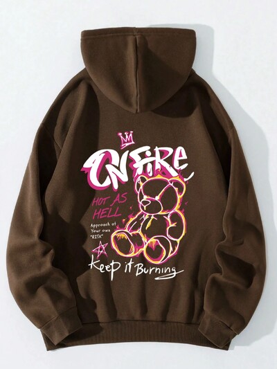 Labava ženska majica s kapuljačom s printom i dugim rukavima plus samtasti gornji dio s klokanovim džepovima, ležerni sportski pulover