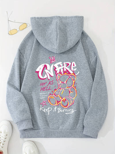 Labava ženska majica s kapuljačom s printom i dugim rukavima plus samtasti gornji dio s klokanovim džepovima, ležerni sportski pulover