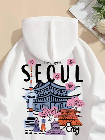 Seoul Beautiful Scenery Printing Дамски топли поларени суичъри с качулка Обикновена мека суичърка с качулка Уличен ежедневен свободен пуловер