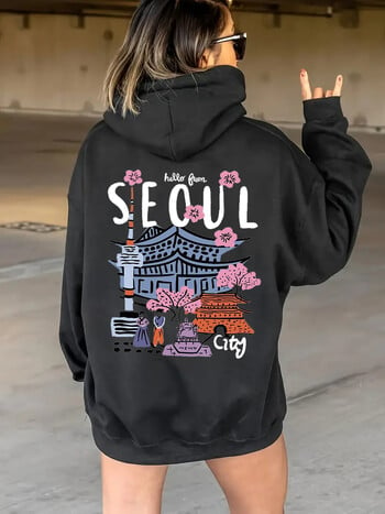 Seoul Beautiful Scenery Printing Дамски топли поларени суичъри с качулка Обикновена мека суичърка с качулка Уличен ежедневен свободен пуловер