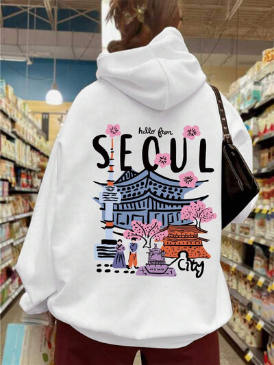Seoul Beautiful Scenery Printing Дамски топли поларени суичъри с качулка Обикновена мека суичърка с качулка Уличен ежедневен свободен пуловер