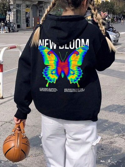 Stil Y2K New Bloom Butterfly Graphic Femei cu glugă Simple Fleece Hanorace de toamnă Street O-Gât cu glugă Hanoră de modă Îmbrăcăminte supradimensionată