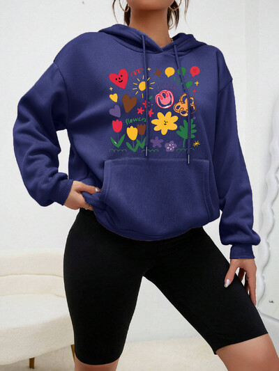 Bērnu nūjas figūriņa Jauki ziedi ar apdruku Sieviešu apģērbi Harajuku flīsa kapuces Jauns kabatas džemperis ikdienišķs daudzkrāsains tops