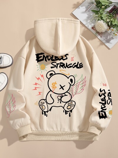 Улични дамски суичъри Endless Struggle Суичъри с щампи с графити и мече Свободен пуловер с деколте, полар, топли дамски горни дрехи