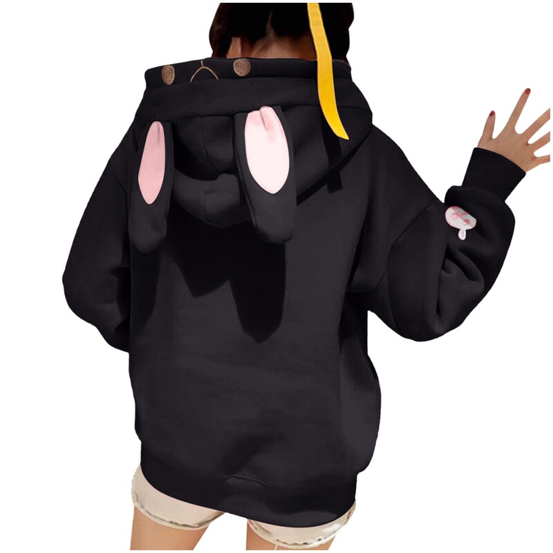 Hanorac rochie cu fermoar Hanorace casual pentru femei, urechi de iepure, hanorace, moda de toamnă, cu mânecă lungă, sudaderas de mujer