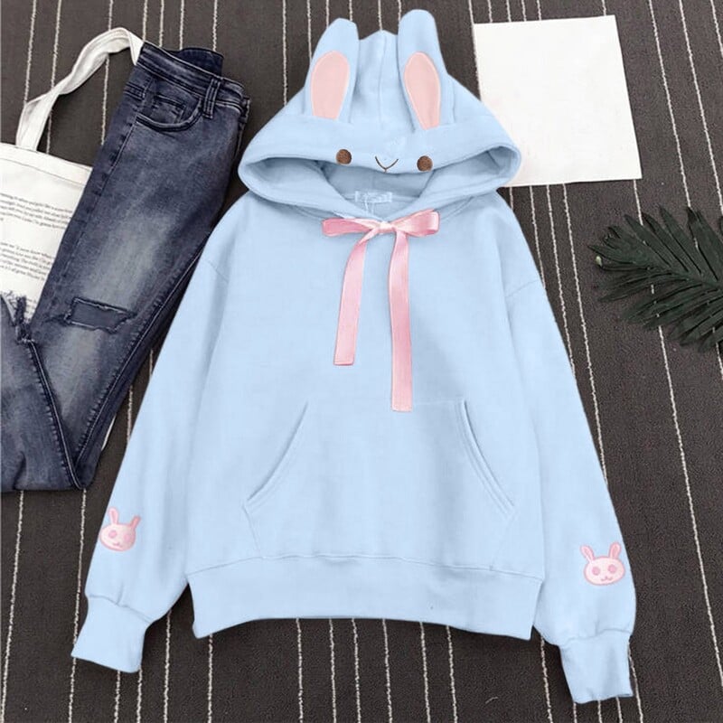 Hanorac rochie cu fermoar Hanorace casual pentru femei, urechi de iepure, hanorace, moda de toamnă, cu mânecă lungă, sudaderas de mujer