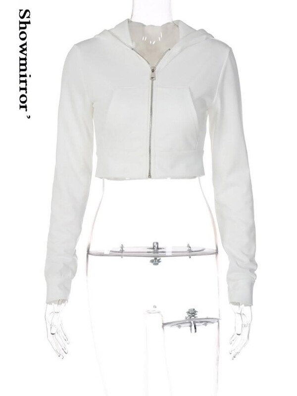 Y2K mini crop top Vintage Basic Zip Up, balts, apgriezts kapuci 2000. gadu modes lielas kabatas priekšpusē ar kapuci garām piedurknēm.