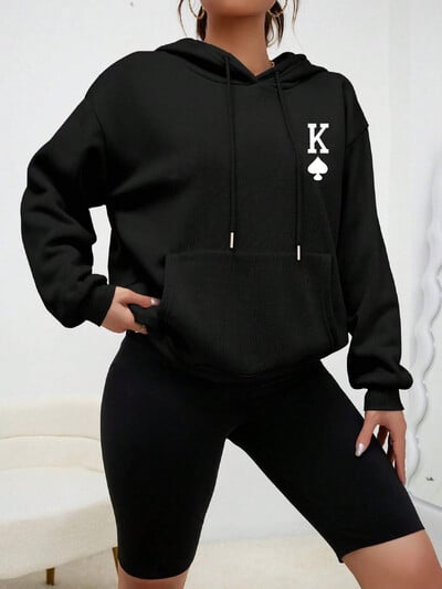 Poker K Jednostavna majica s kapuljačom s printom za žene Univerzalna modna ulična odjeća, ležerna hip hop majica s kapuljačom, jesenska ženska majica s kapuljačom s džepovima