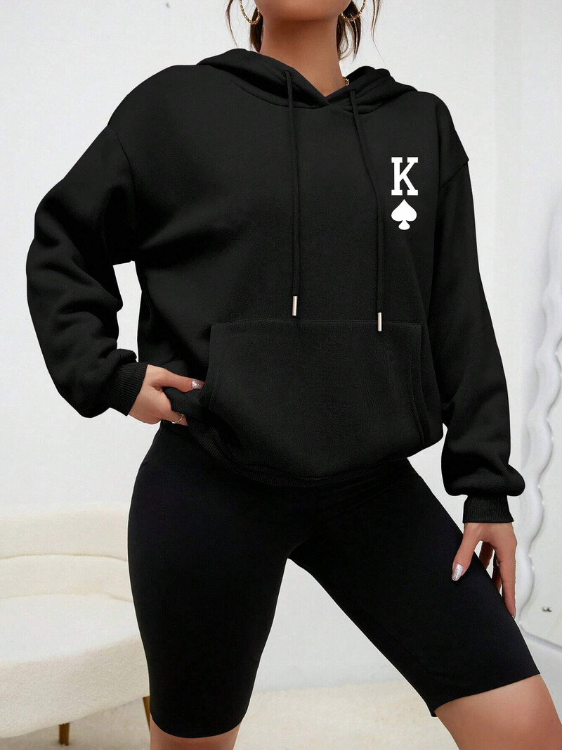 Poker K Jednostavna majica s kapuljačom s printom za žene Univerzalna modna ulična odjeća, ležerna hip hop majica s kapuljačom, jesenska ženska majica s kapuljačom s džepovima