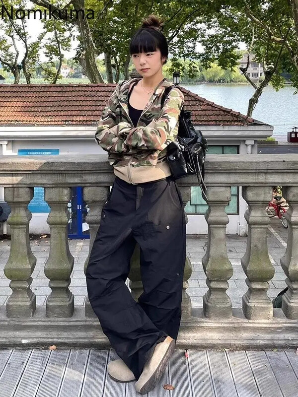 Ielu apģērbi Džemperi Jakas Sieviešu apģērbi Y2k Crop Tops 2024 Ropa Mujer ar kapuci Ikdienišķa šiks kapuce Kamuflāžas kapuces ar rāvējslēdzēju