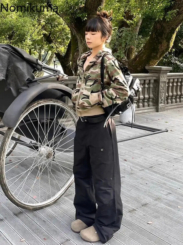 Ielu apģērbi Džemperi Jakas Sieviešu apģērbi Y2k Crop Tops 2024 Ropa Mujer ar kapuci Ikdienišķa šiks kapuce Kamuflāžas kapuces ar rāvējslēdzēju