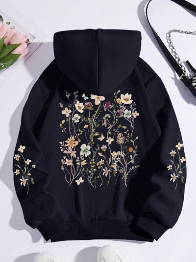 Ženska majica s printom šarenog cvijeća Harajuku Ležerna majica s kapuljačom Modna široka majica s kapuljačom Jesenska topla ženska majica od flisa