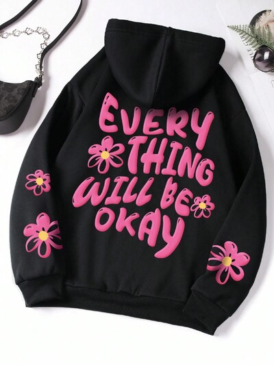 Every Thing Cuill Be Okay Letter Graphic Hoodie Ženska topla majica s kapuljačom od flisa Hip Hop Oversize Hoody Modna široka ulična odjeća