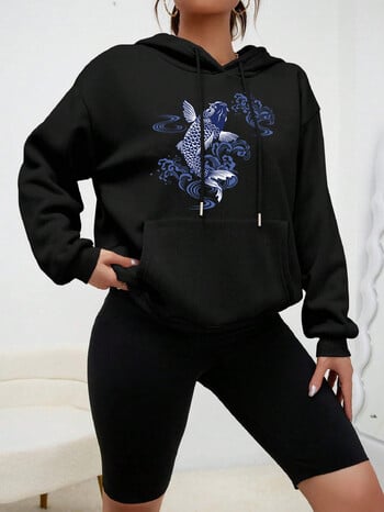 Paper Cut Koi Good Luck Printed Hoodies Women Casual Comics Clothing Harajuku Fleece Sweatshirt Pocket Autumn Multicolor Hoody