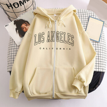 Los Angeles Letter Print Zip up Harajuku Hoodies Γυναικείο μπουφάν Casual Oversized Φούτερ Γυναικεία Streetwear Τσέπες Παλτό με κουκούλα