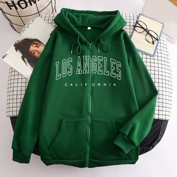 Los Angeles Letter Print Zip up Harajuku Hoodies Γυναικείο μπουφάν Casual Oversized Φούτερ Γυναικεία Streetwear Τσέπες Παλτό με κουκούλα