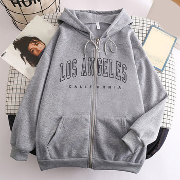 Los Angeles Letter Print Zip up Harajuku Hoodies Γυναικείο μπουφάν Casual Oversized Φούτερ Γυναικεία Streetwear Τσέπες Παλτό με κουκούλα