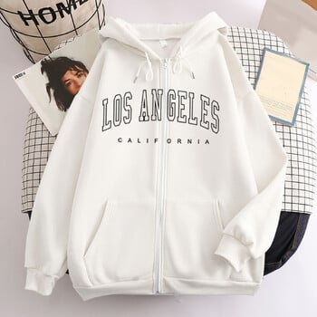 Los Angeles Letter Print Zip up Harajuku Hoodies Γυναικείο μπουφάν Casual Oversized Φούτερ Γυναικεία Streetwear Τσέπες Παλτό με κουκούλα