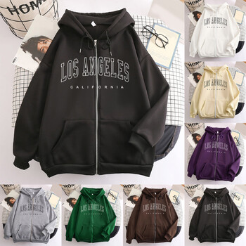 Los Angeles Letter Print Zip up Harajuku Hoodies Γυναικείο μπουφάν Casual Oversized Φούτερ Γυναικεία Streetwear Τσέπες Παλτό με κουκούλα